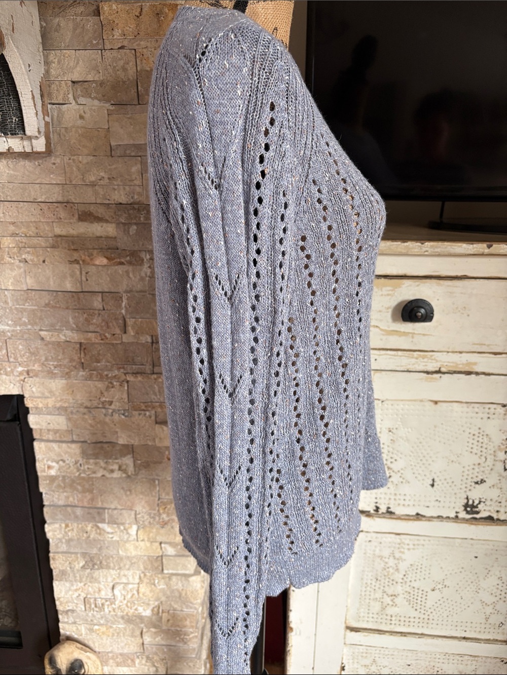 Spartina Shelby linen blend blue gray open knit pull over lightweight sweater - Picture 8 of 15